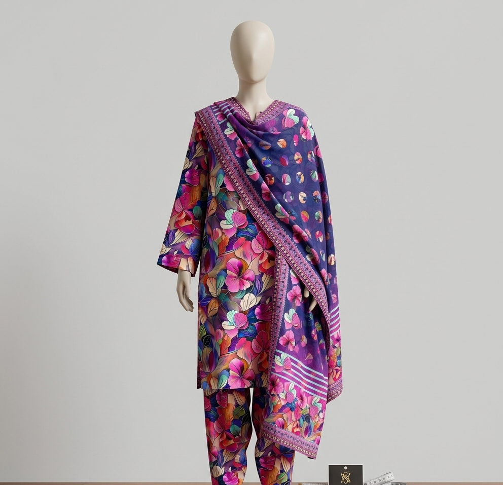 V3301 – 3 Piece Printed Unstitched Suit | Shirt Trouser All Over Bana Dora (Doria Lawn) & Dupatta (Doria Lawn)